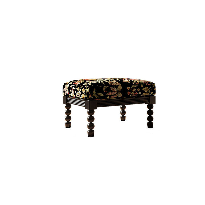Traditional Vintage Linen Ash Wood Square Curved Low Stool For Living Room