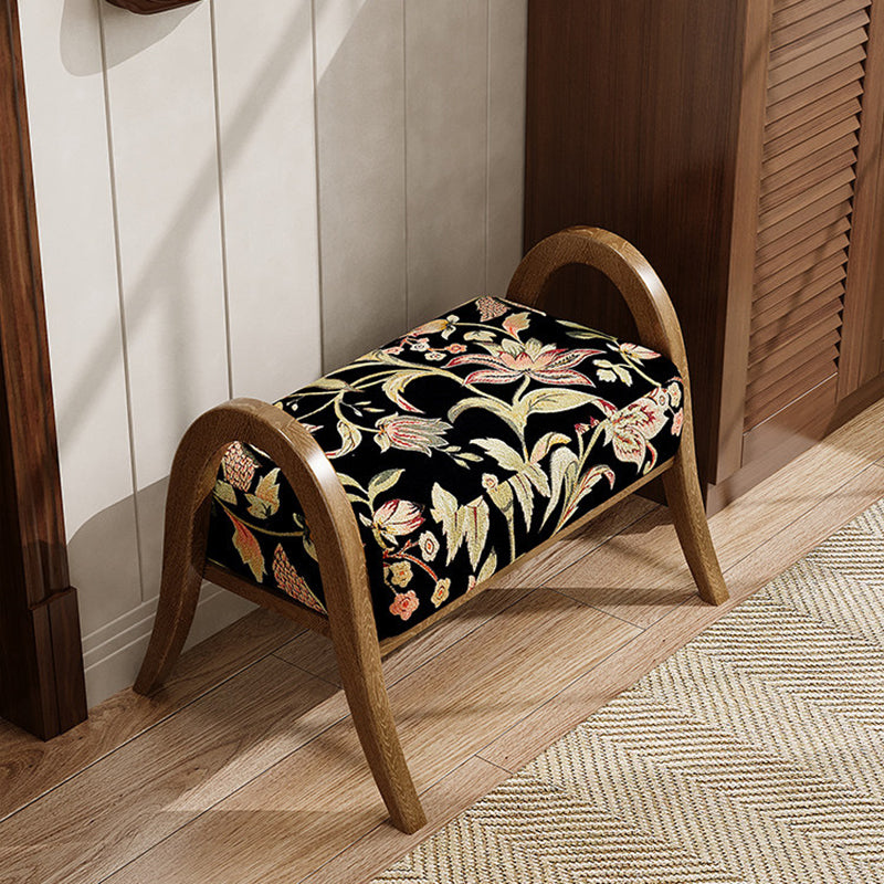 Traditional Vintage Linen Ash Wood Square Curved Low Stool For Living Room