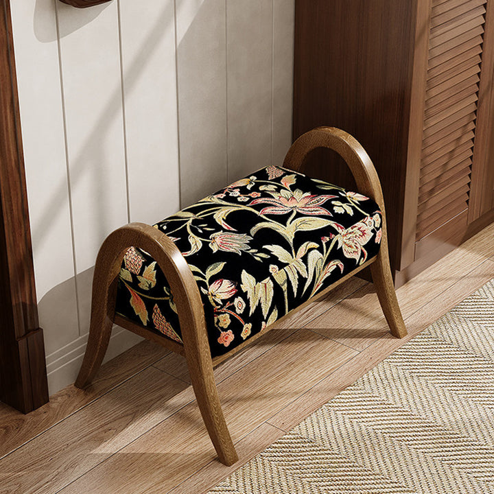 Traditional Vintage Linen Ash Wood Square Curved Low Stool For Living Room