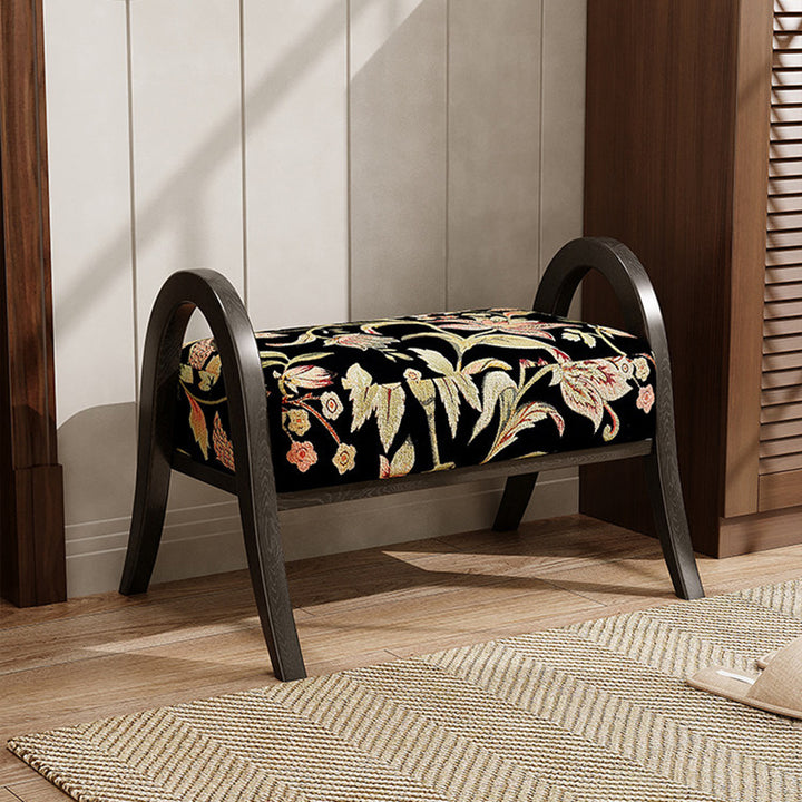 Traditional Vintage Linen Ash Wood Square Curved Low Stool For Living Room
