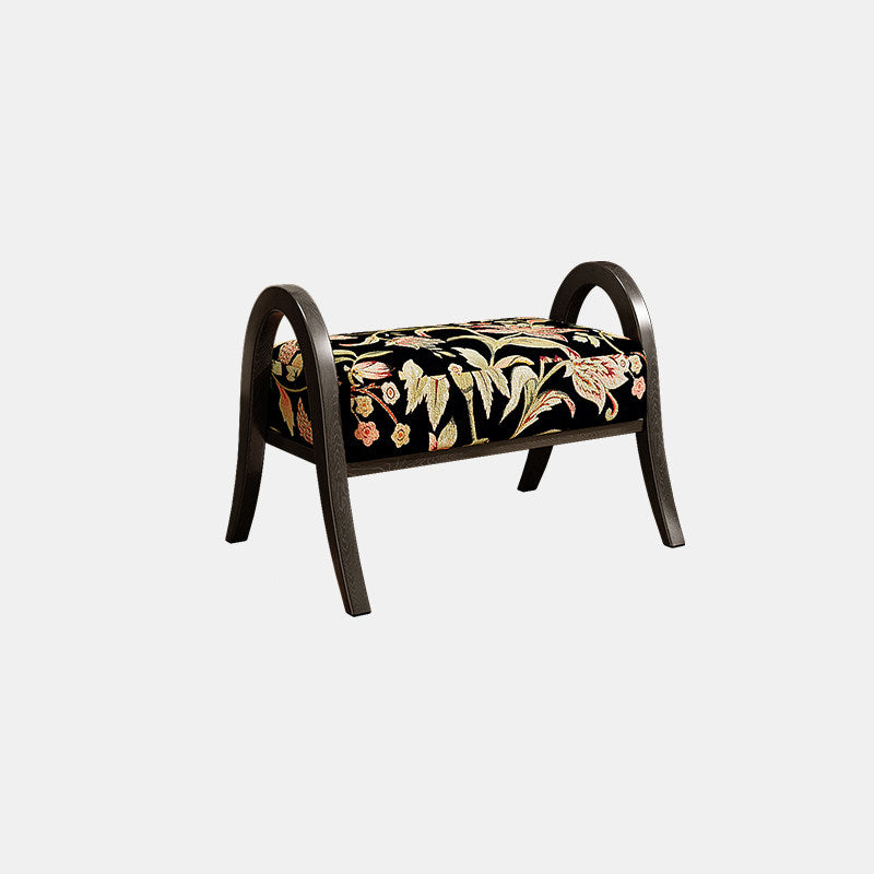 Traditional Vintage Linen Ash Wood Square Curved Low Stool For Living Room
