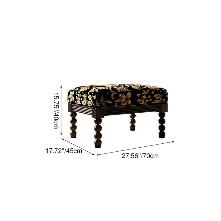 Traditional Vintage Linen Ash Wood Square Curved Low Stool For Living Room