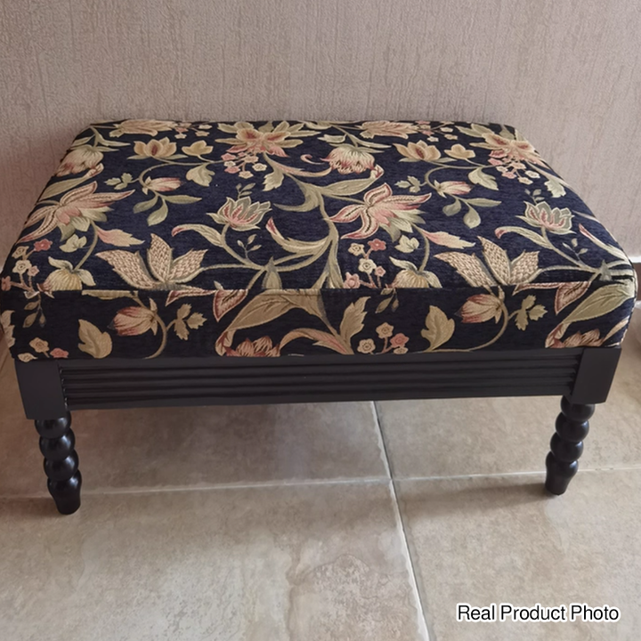 Traditional Vintage Linen Ash Wood Square Curved Low Stool For Living Room
