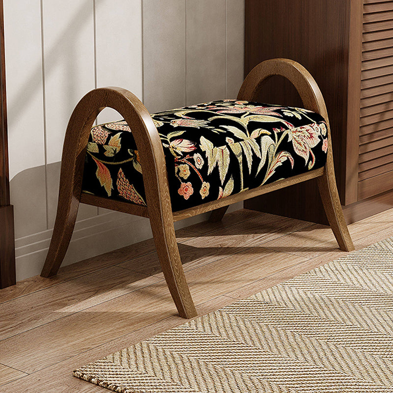 Traditional Vintage Linen Ash Wood Square Curved Low Stool For Living Room