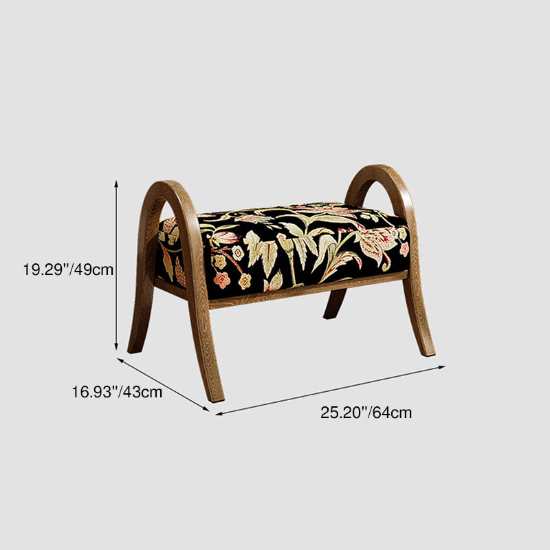 Traditional Vintage Linen Ash Wood Square Curved Low Stool For Living Room
