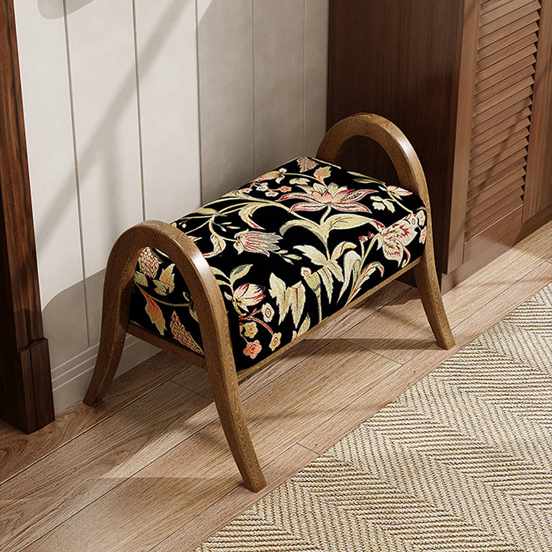 Traditional Vintage Linen Ash Wood Square Curved Low Stool For Living Room