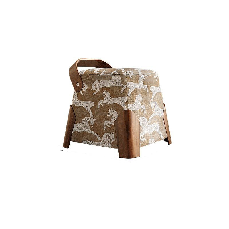 Traditional French Linen Carbon Steel Solid Wood Square Cylindrical Low Stool For Living Room