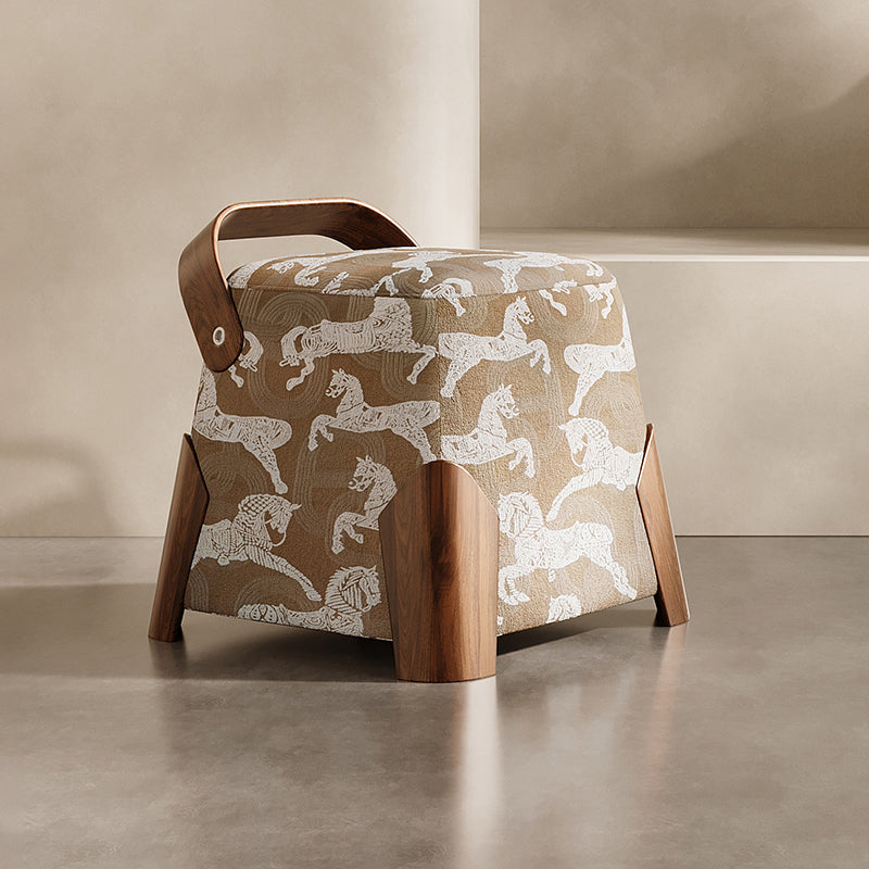 Traditional French Linen Carbon Steel Solid Wood Square Cylindrical Low Stool For Living Room