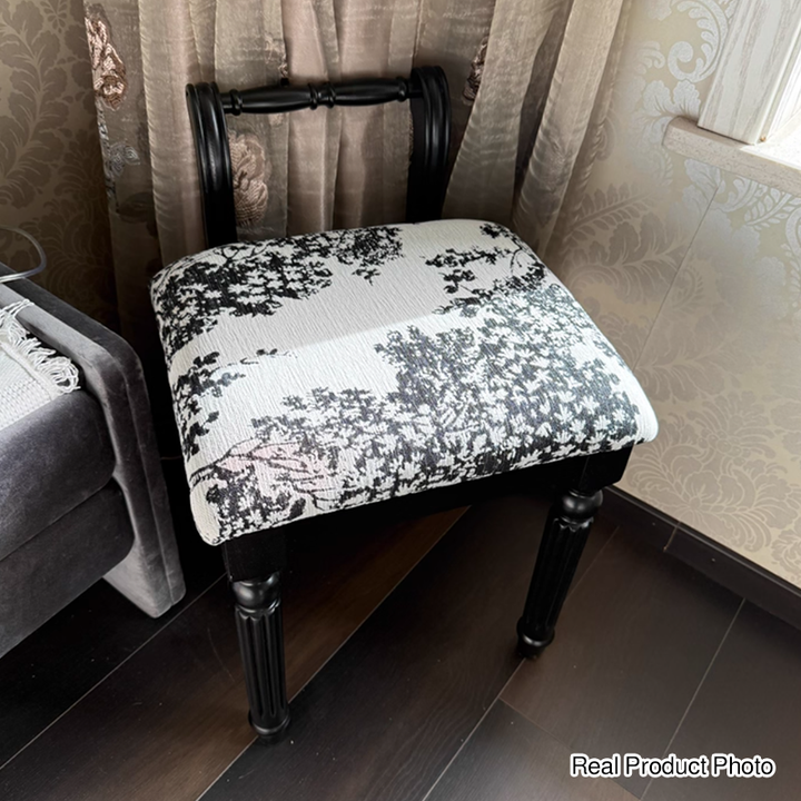 Taburete tocador de columna romana de estilo francés tradicional en madera de fresno y cuero de microfibra con respaldo para dormitorio 