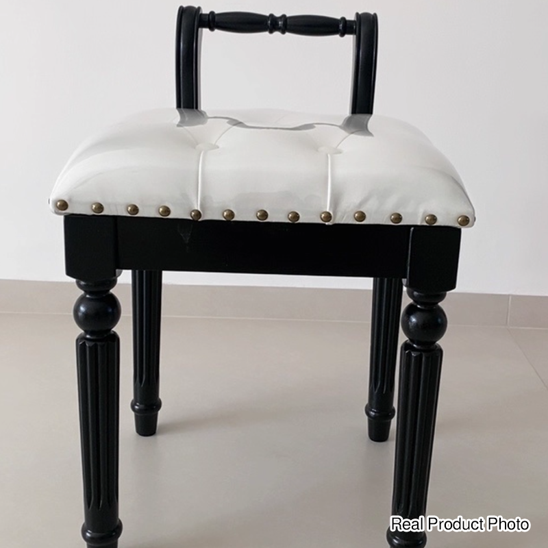 Taburete tocador de columna romana de estilo francés tradicional en madera de fresno y cuero de microfibra con respaldo para dormitorio 