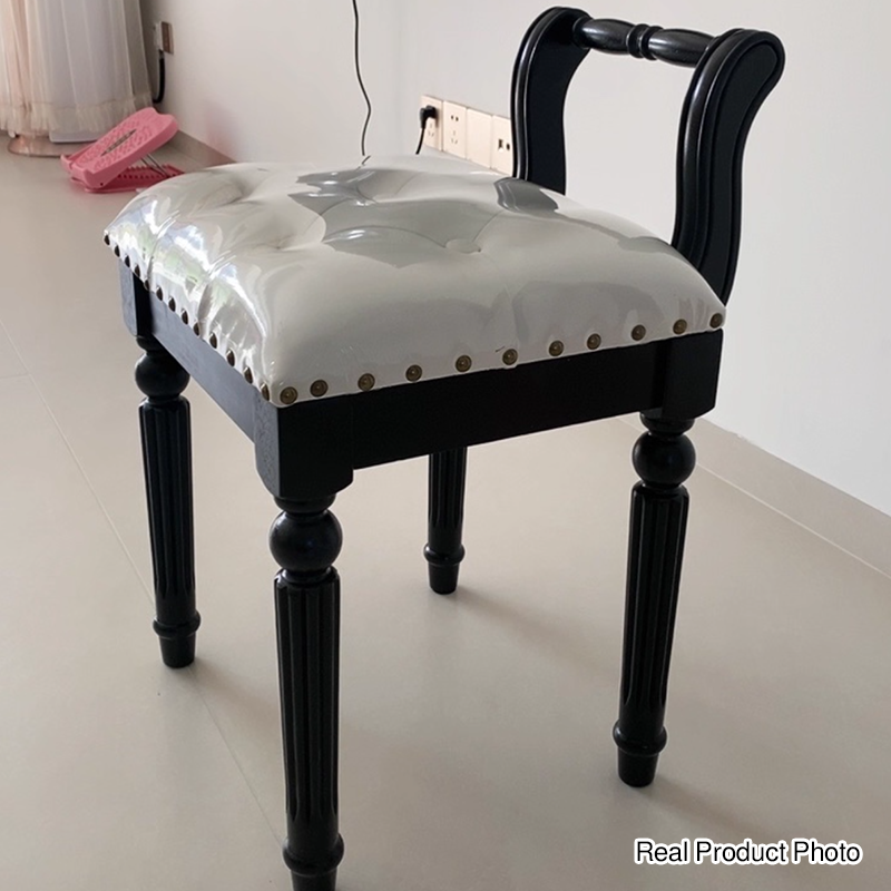 Taburete tocador de columna romana de estilo francés tradicional en madera de fresno y cuero de microfibra con respaldo para dormitorio 