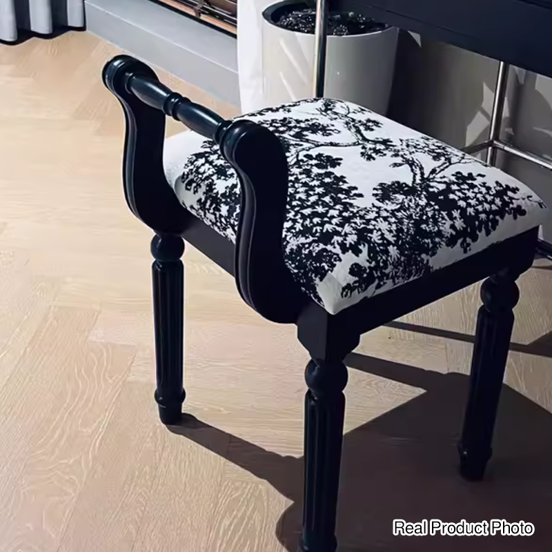 Taburete tocador de columna romana de estilo francés tradicional en madera de fresno y cuero de microfibra con respaldo para dormitorio 