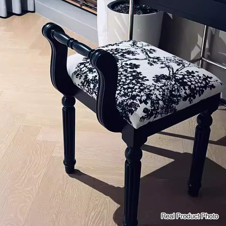 Taburete tocador de columna romana de estilo francés tradicional en madera de fresno y cuero de microfibra con respaldo para dormitorio 