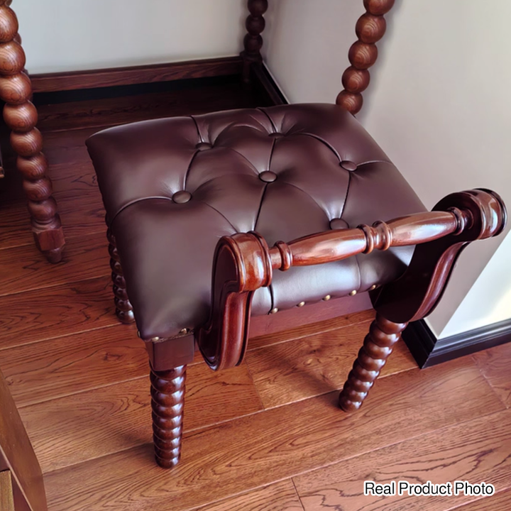 Taburete tocador de columna romana de estilo francés tradicional en madera de fresno y cuero de microfibra con respaldo para dormitorio 