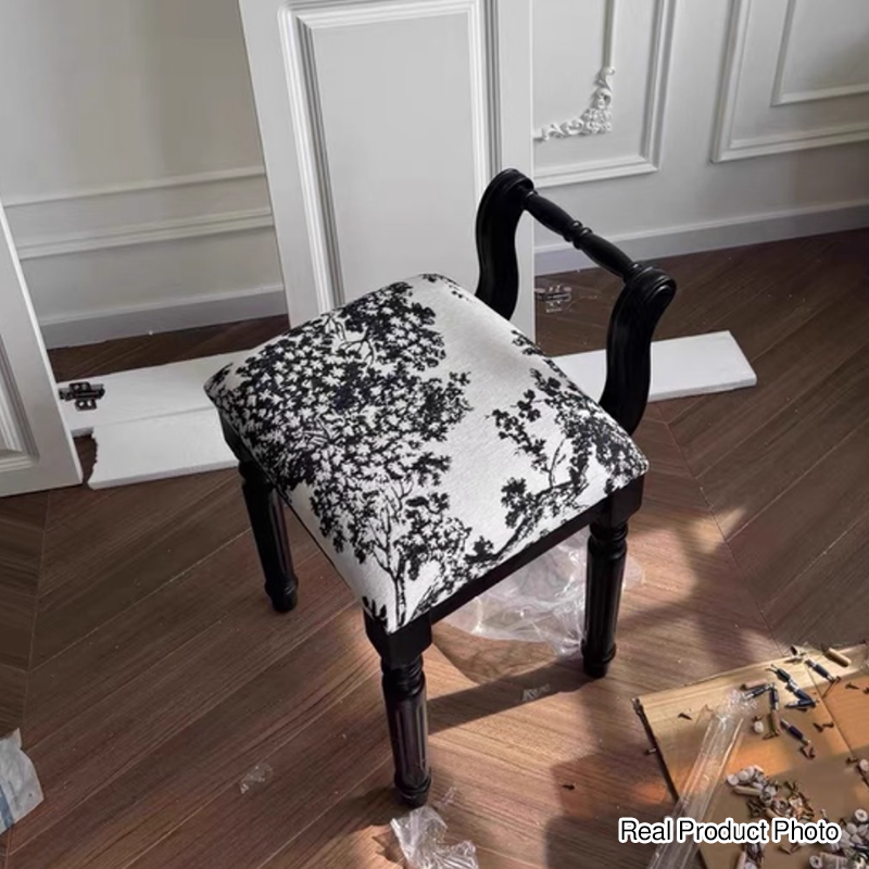 Taburete tocador de columna romana de estilo francés tradicional en madera de fresno y cuero de microfibra con respaldo para dormitorio 