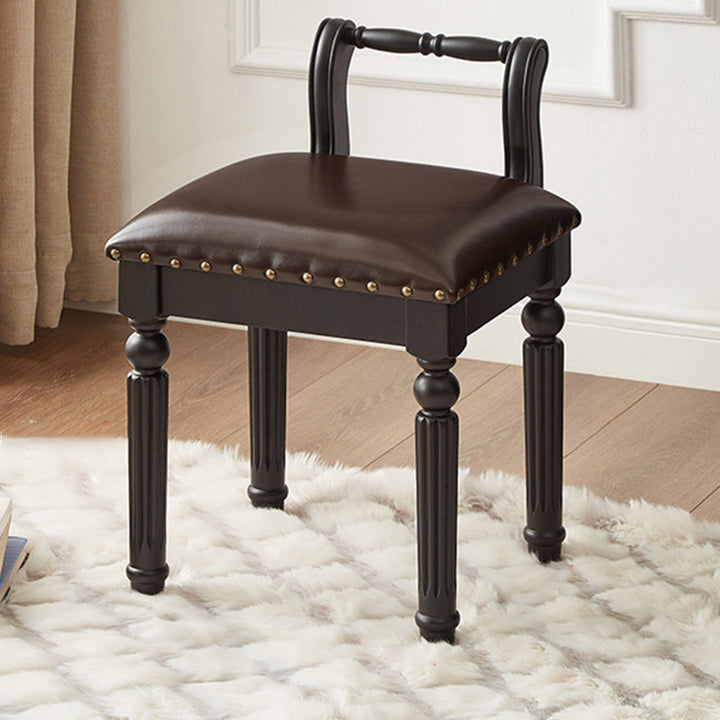 Taburete tocador de columna romana de estilo francés tradicional en madera de fresno y cuero de microfibra con respaldo para dormitorio 