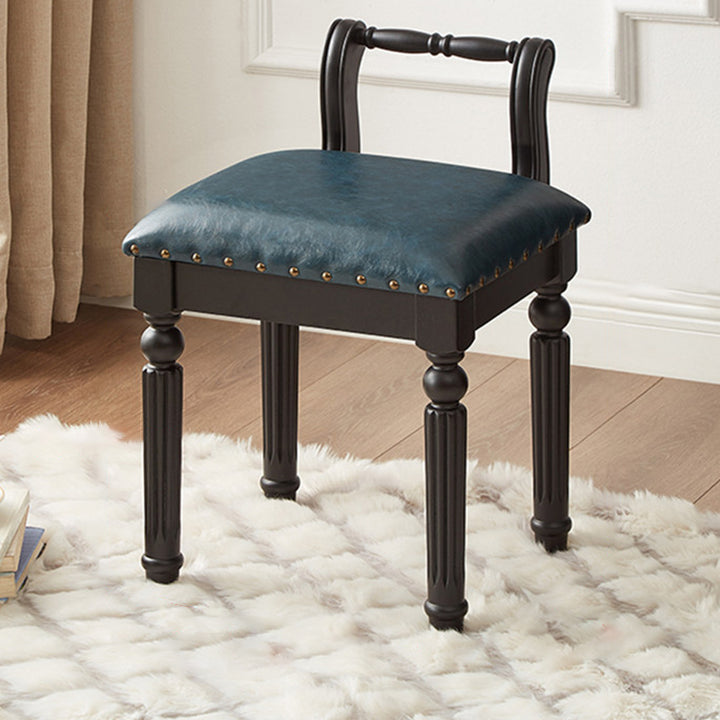 Taburete tocador de columna romana de estilo francés tradicional en madera de fresno y cuero de microfibra con respaldo para dormitorio 