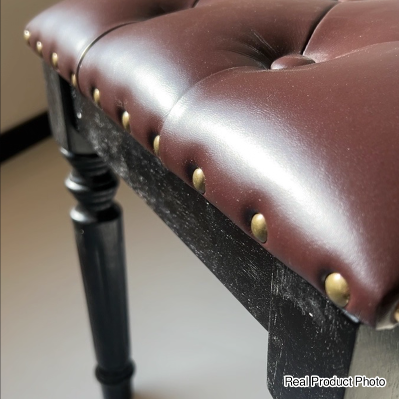 Taburete tocador de columna romana de estilo francés tradicional en madera de fresno y cuero de microfibra con respaldo para dormitorio 