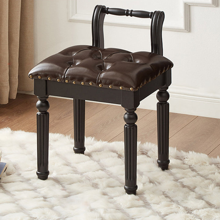 Taburete tocador de columna romana de estilo francés tradicional en madera de fresno y cuero de microfibra con respaldo para dormitorio 