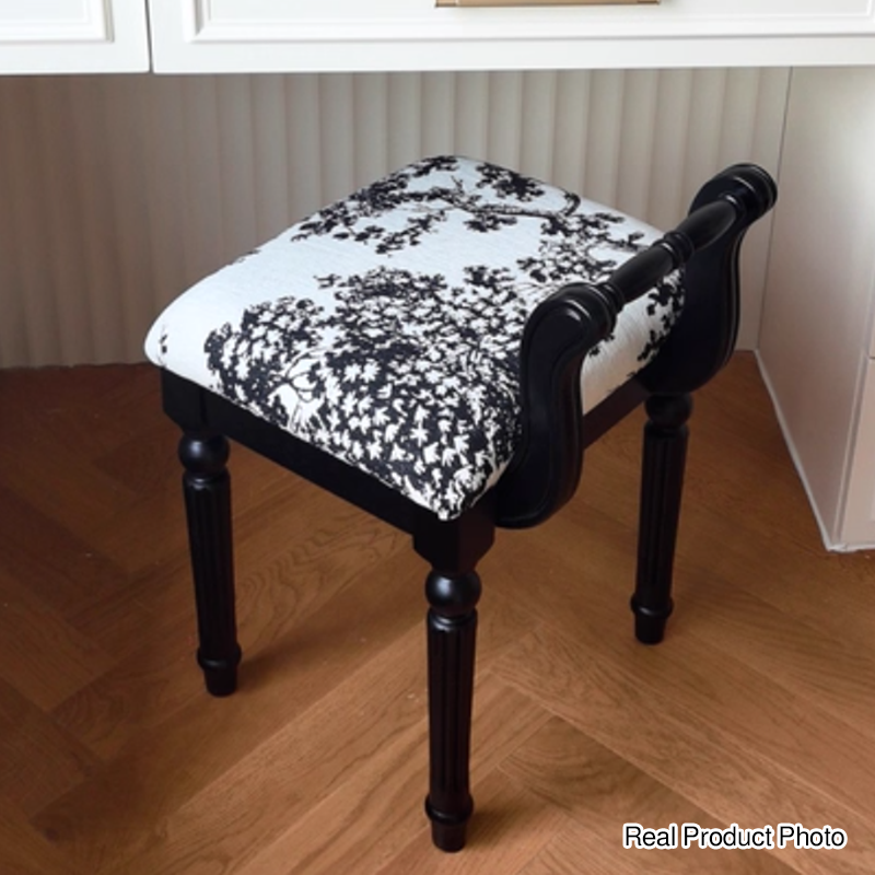 Taburete tocador de columna romana de estilo francés tradicional en madera de fresno y cuero de microfibra con respaldo para dormitorio 