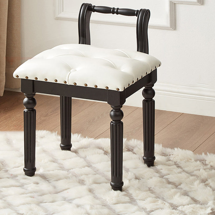 Taburete tocador de columna romana de estilo francés tradicional en madera de fresno y cuero de microfibra con respaldo para dormitorio 
