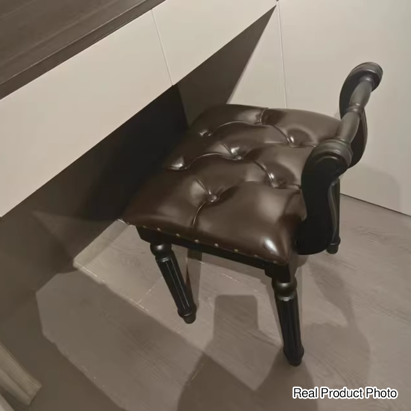 Taburete tocador de columna romana de estilo francés tradicional en madera de fresno y cuero de microfibra con respaldo para dormitorio 