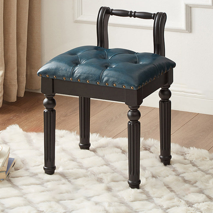 Taburete tocador de columna romana de estilo francés tradicional en madera de fresno y cuero de microfibra con respaldo para dormitorio 