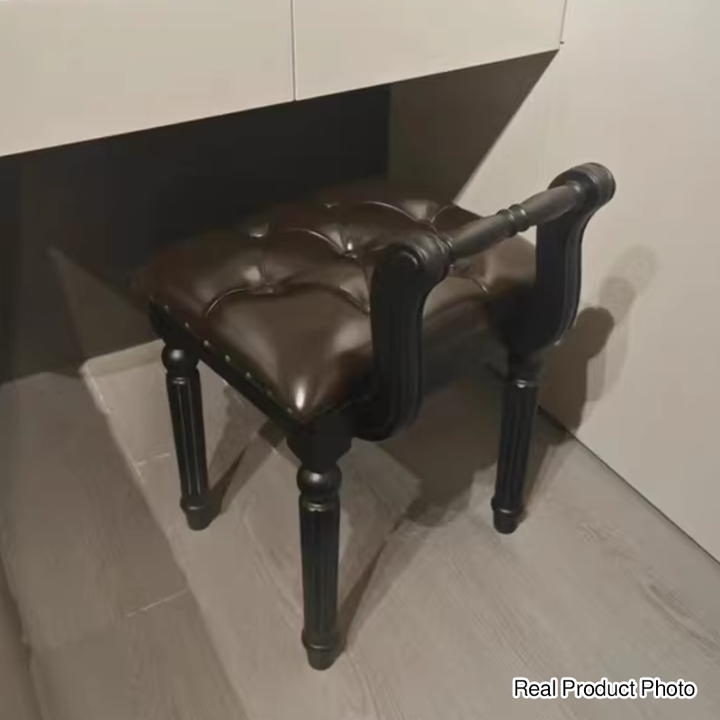 Taburete tocador de columna romana de estilo francés tradicional en madera de fresno y cuero de microfibra con respaldo para dormitorio 
