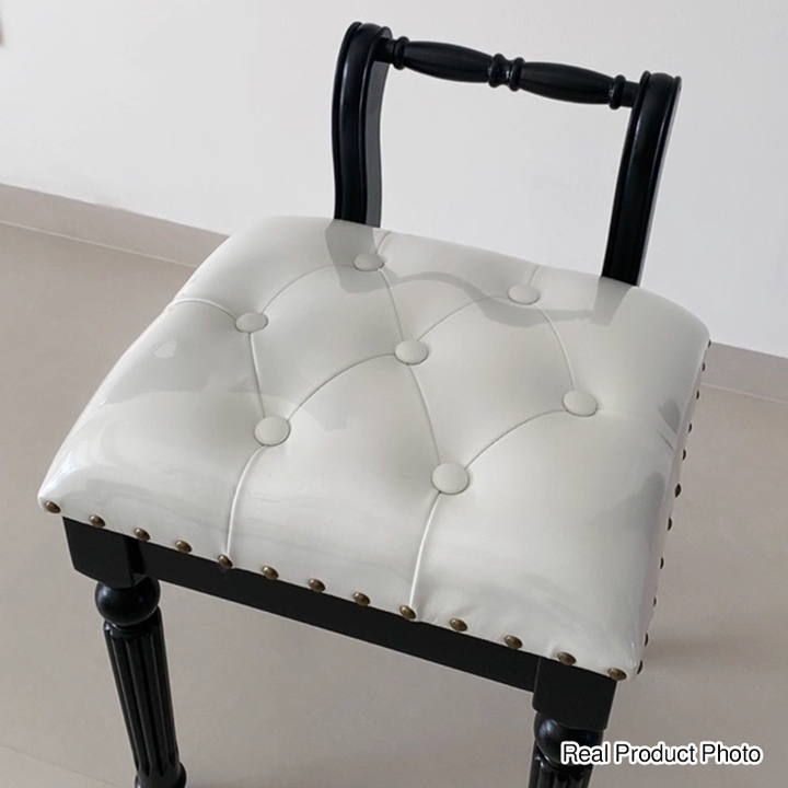 Taburete tocador de columna romana de estilo francés tradicional en madera de fresno y cuero de microfibra con respaldo para dormitorio 