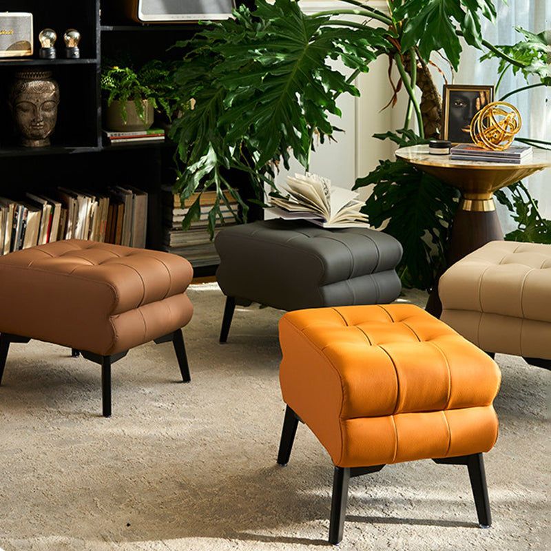 Modern Luxury Pet-Friendly Scratch-Resistant Leather &amp; Pine Wood Rounded Square Low Stool For Living Room