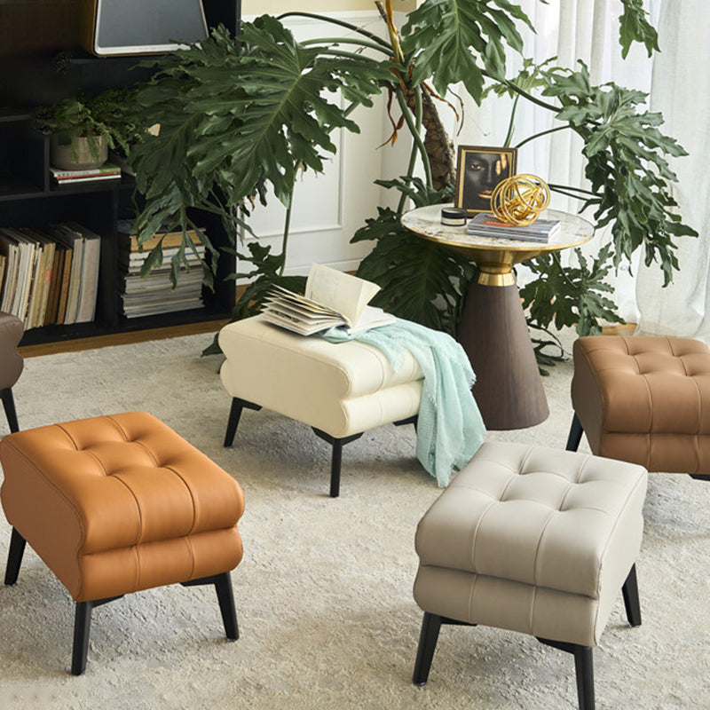 Modern Luxury Pet-Friendly Scratch-Resistant Leather &amp; Pine Wood Rounded Square Low Stool For Living Room