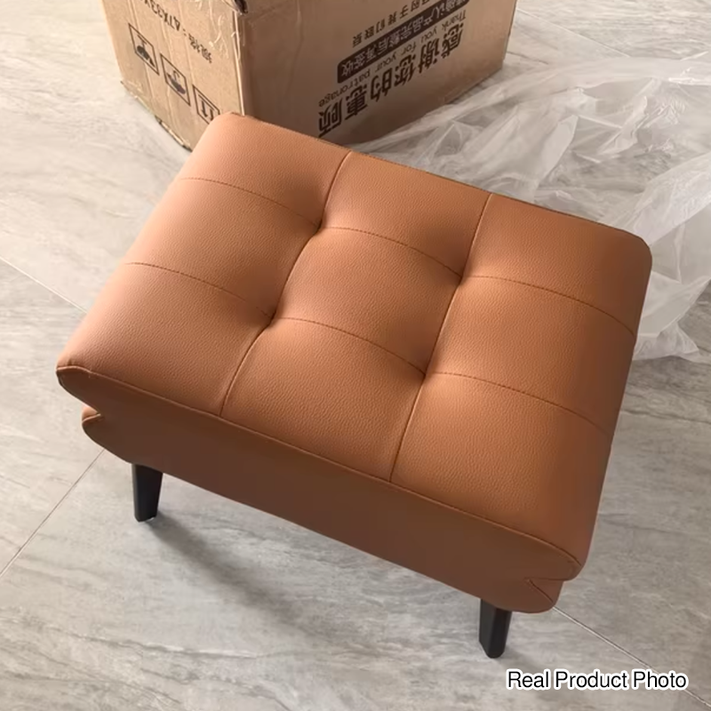Modern Luxury Pet-Friendly Scratch-Resistant Leather &amp; Pine Wood Rounded Square Low Stool For Living Room