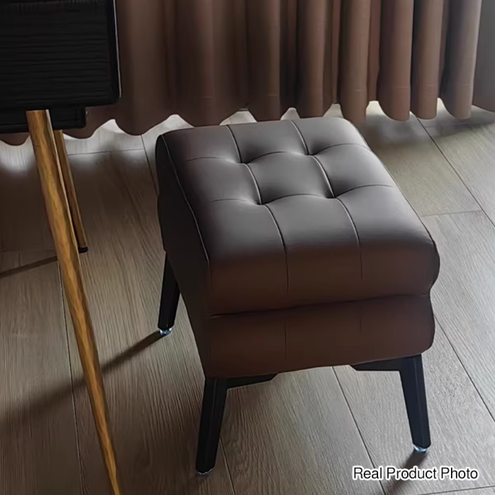 Modern Luxury Pet-Friendly Scratch-Resistant Leather &amp; Pine Wood Rounded Square Low Stool For Living Room
