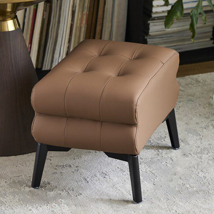 Modern Luxury Pet-Friendly Scratch-Resistant Leather &amp; Pine Wood Rounded Square Low Stool For Living Room
