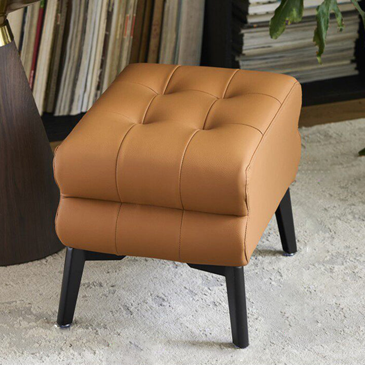 Modern Luxury Pet-Friendly Scratch-Resistant Leather &amp; Pine Wood Rounded Square Low Stool For Living Room