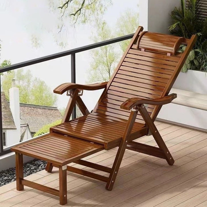 Traditional Chinese Bamboo Hollow Rectangular Folding Recliner Lounge Chair With Backrest Armrests For Living Room Balcony