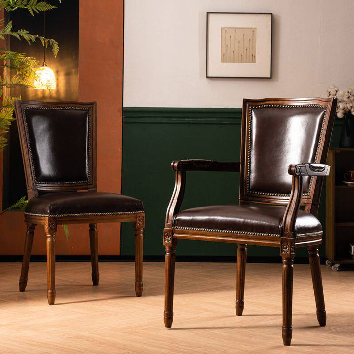 Traditional European Trapezoid Faux Leather Top Grain Leather Contact Surface Backrest Armrest Dining Chair For Dining Room