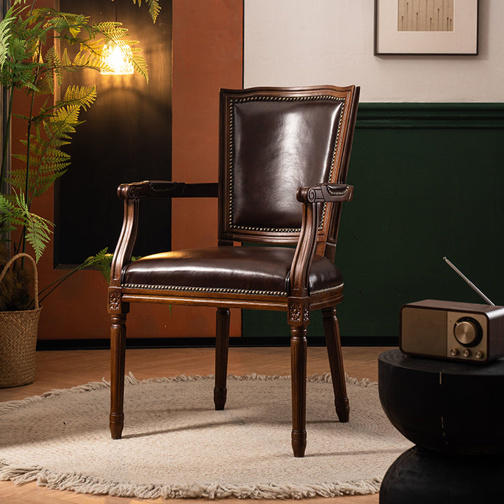 Traditional European Trapezoid Faux Leather Top Grain Leather Contact Surface Backrest Armrest Dining Chair For Dining Room