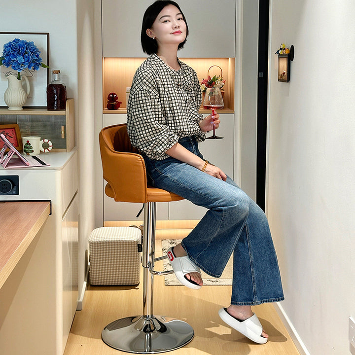 Contemporary Scandinavian Curved Silicone Leather Plywood Steel Adjustable Bar Stool Backrest Armrest For Dining Room