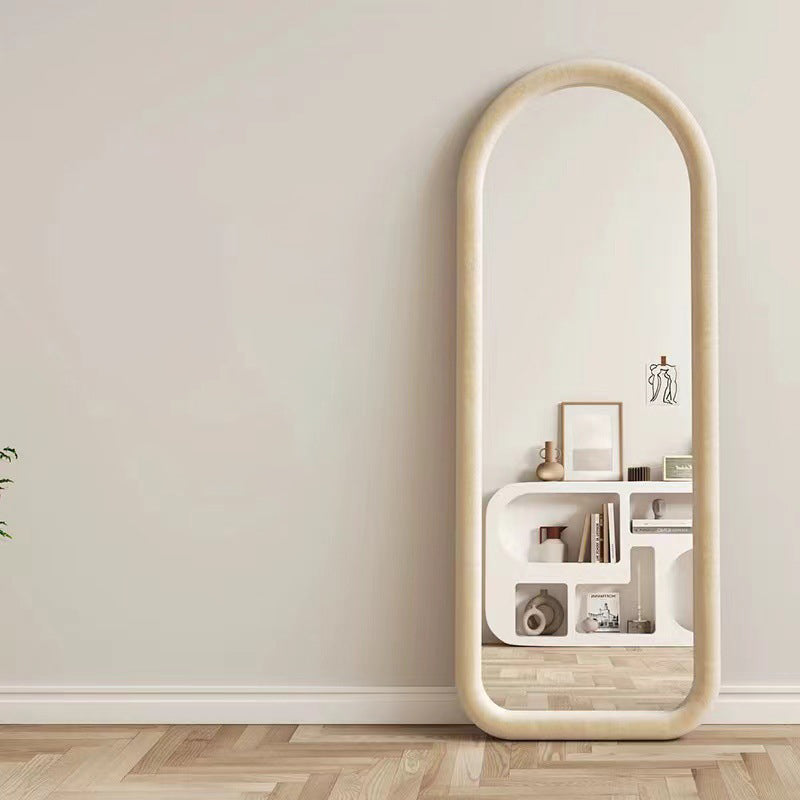 Contemporary Scandinavian Rounded Rectangle Glass MDF Velvet Fabric Full-Length Floor Mirror For Bedroom