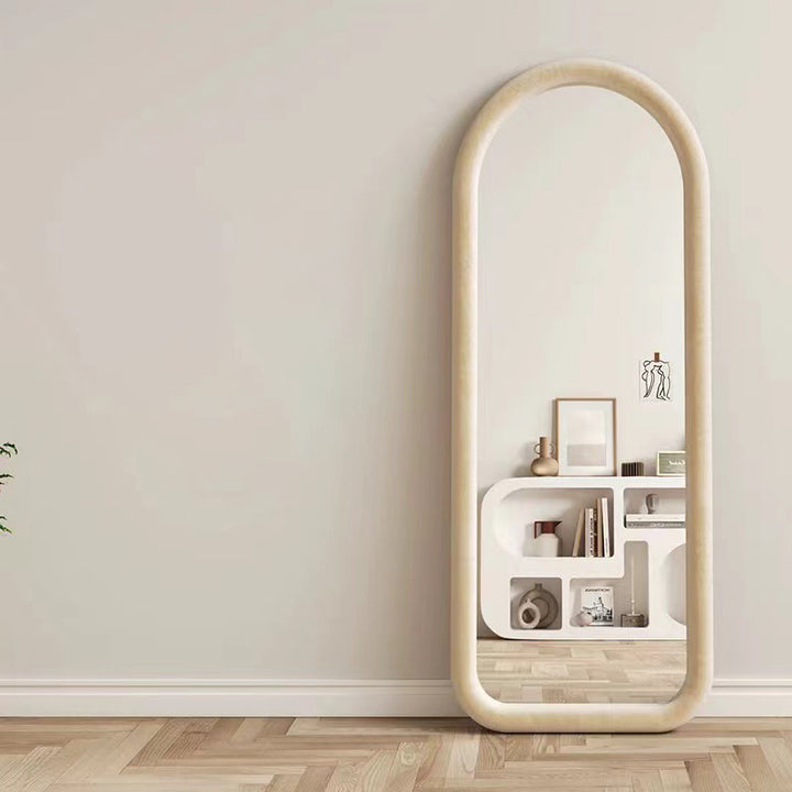 Contemporary Scandinavian Rounded Rectangle Glass MDF Velvet Fabric Full-Length Floor Mirror For Bedroom