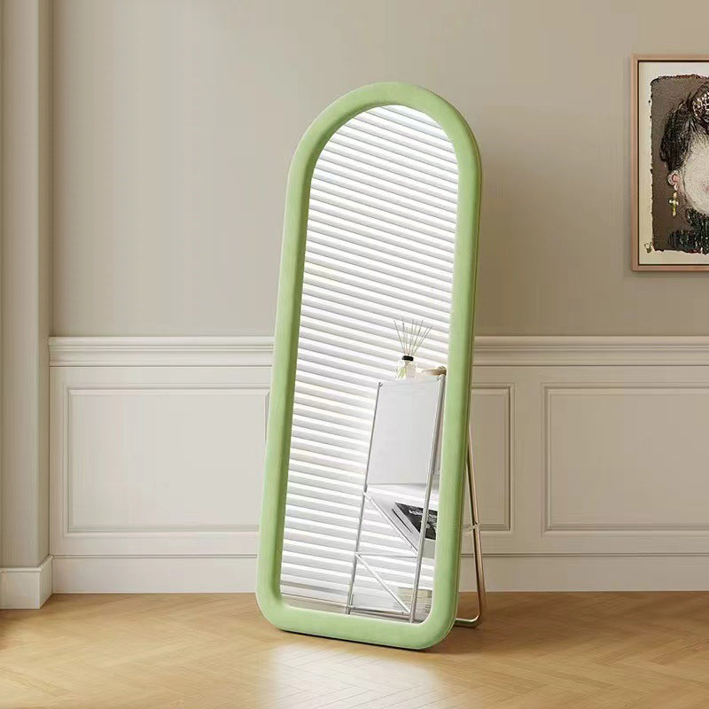 Contemporary Scandinavian Rounded Rectangle Glass MDF Velvet Fabric Full-Length Floor Mirror For Bedroom