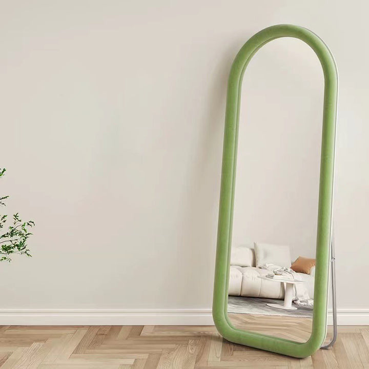 Contemporary Scandinavian Rounded Rectangle Glass MDF Velvet Fabric Full-Length Floor Mirror For Bedroom