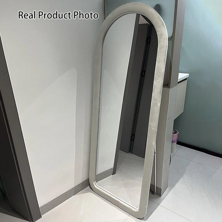 Contemporary Scandinavian Rounded Rectangle Glass MDF Velvet Fabric Full-Length Floor Mirror For Bedroom