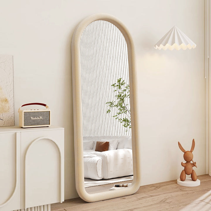 Contemporary Scandinavian Rounded Rectangle Glass MDF Velvet Fabric Full-Length Floor Mirror For Bedroom