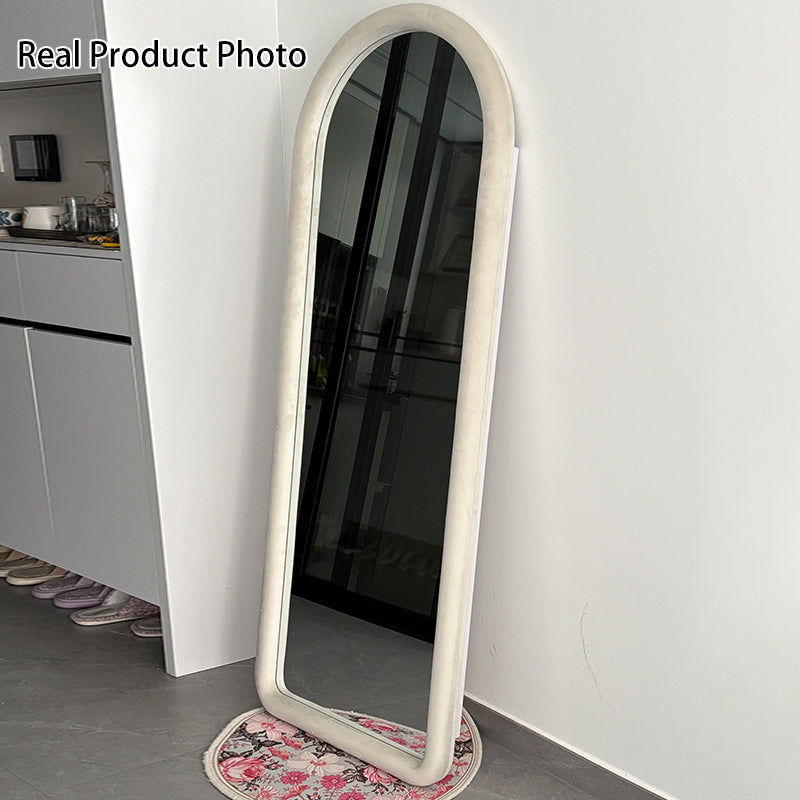 Contemporary Scandinavian Rounded Rectangle Glass MDF Velvet Fabric Full-Length Floor Mirror For Bedroom
