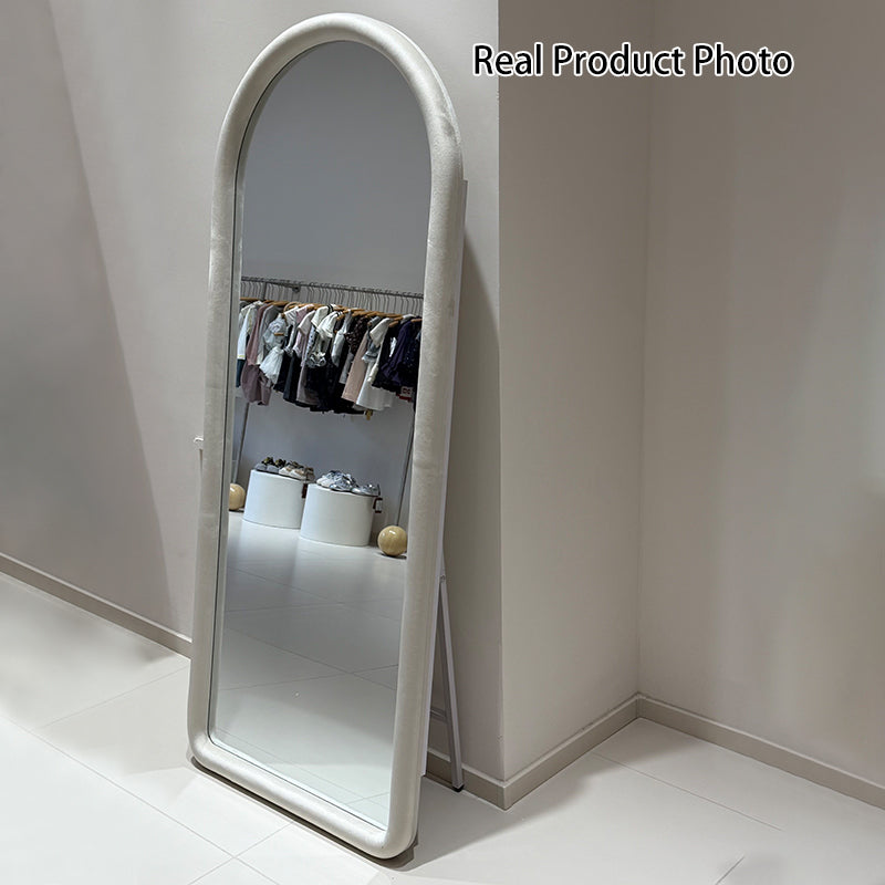 Contemporary Scandinavian Rounded Rectangle Glass MDF Velvet Fabric Full-Length Floor Mirror For Bedroom