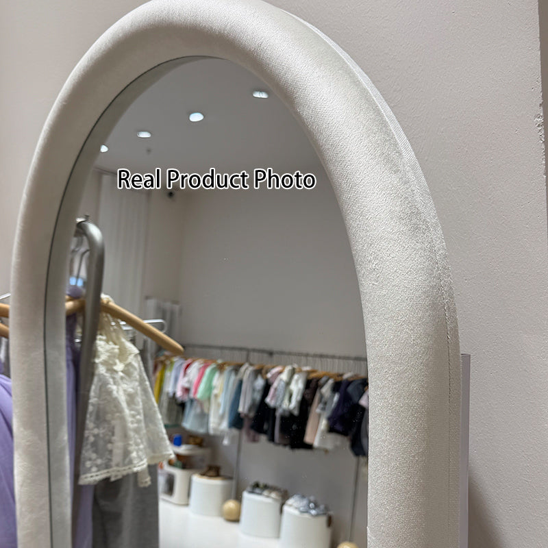 Contemporary Scandinavian Rounded Rectangle Glass MDF Velvet Fabric Full-Length Floor Mirror For Bedroom