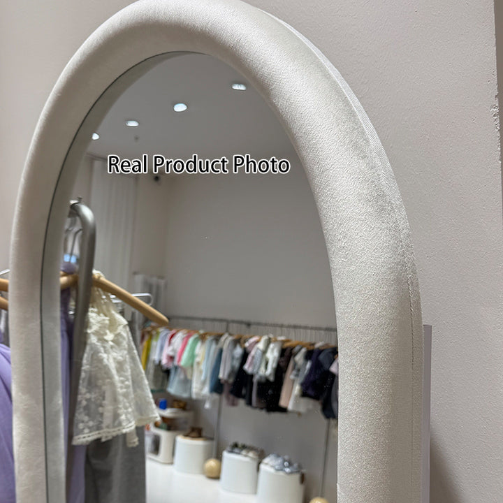 Contemporary Scandinavian Rounded Rectangle Glass MDF Velvet Fabric Full-Length Floor Mirror For Bedroom