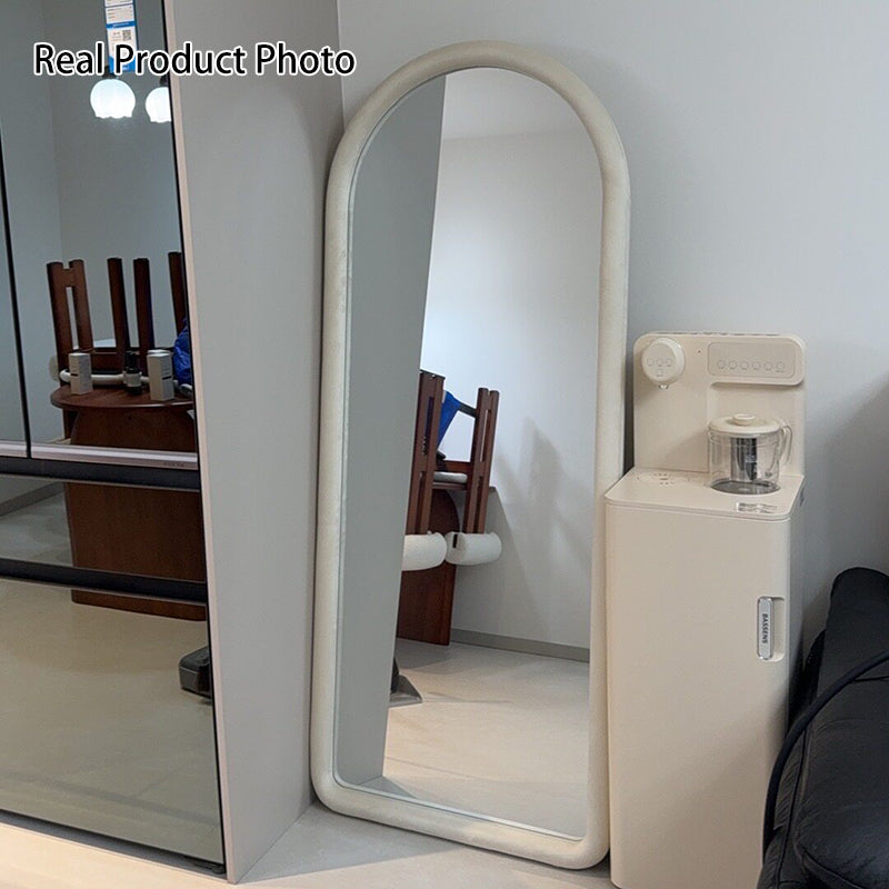 Contemporary Scandinavian Rounded Rectangle Glass MDF Velvet Fabric Full-Length Floor Mirror For Bedroom